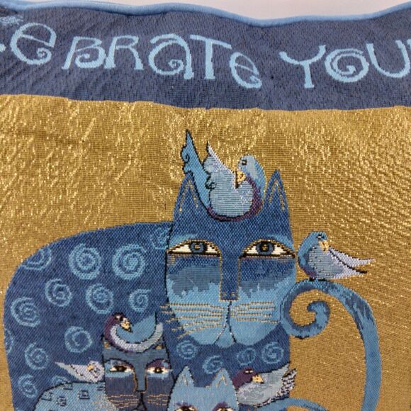 Laurel Burch Blue Indigo Cats Tapestry Throw Pillow Metallic Gold Accents 17" - Picture 3 of 13